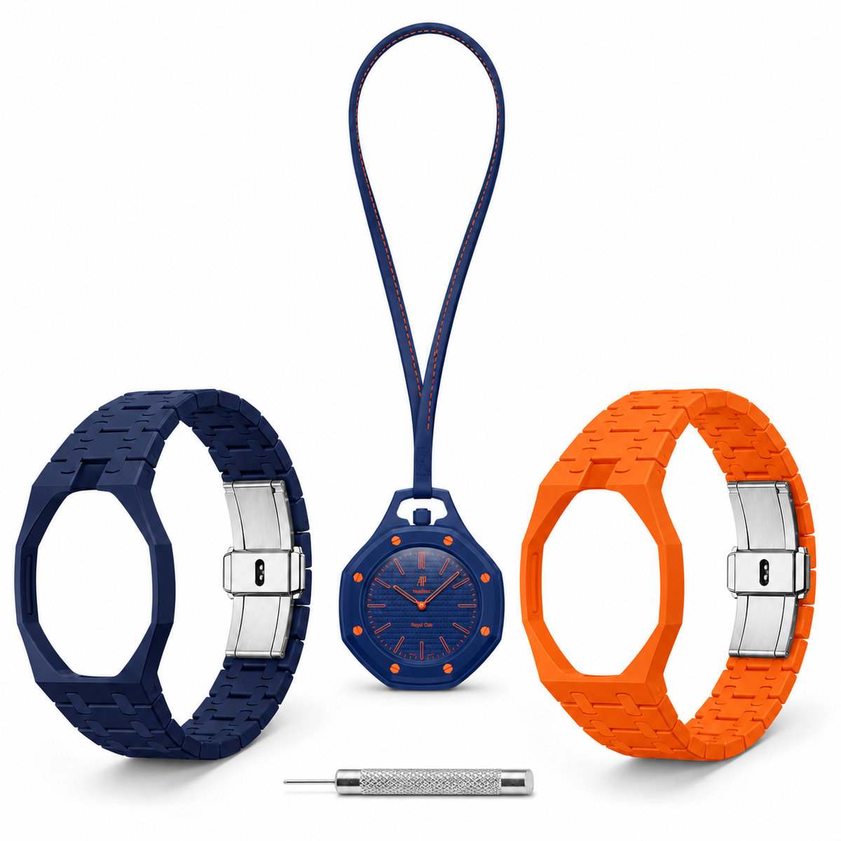 Navy & Orange Pop Wrist Bundle — Pocket Watch + 3 Bands + Sizing Tool